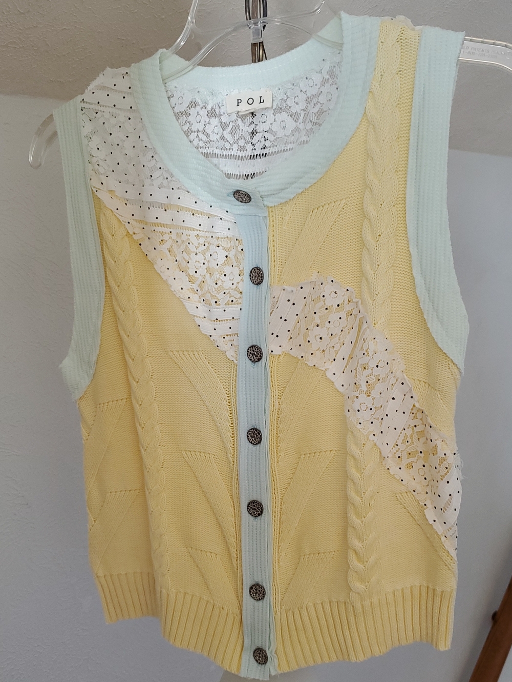 P O L Lace  Cable Knit Vest Yellow With Soft Green Trim Size S